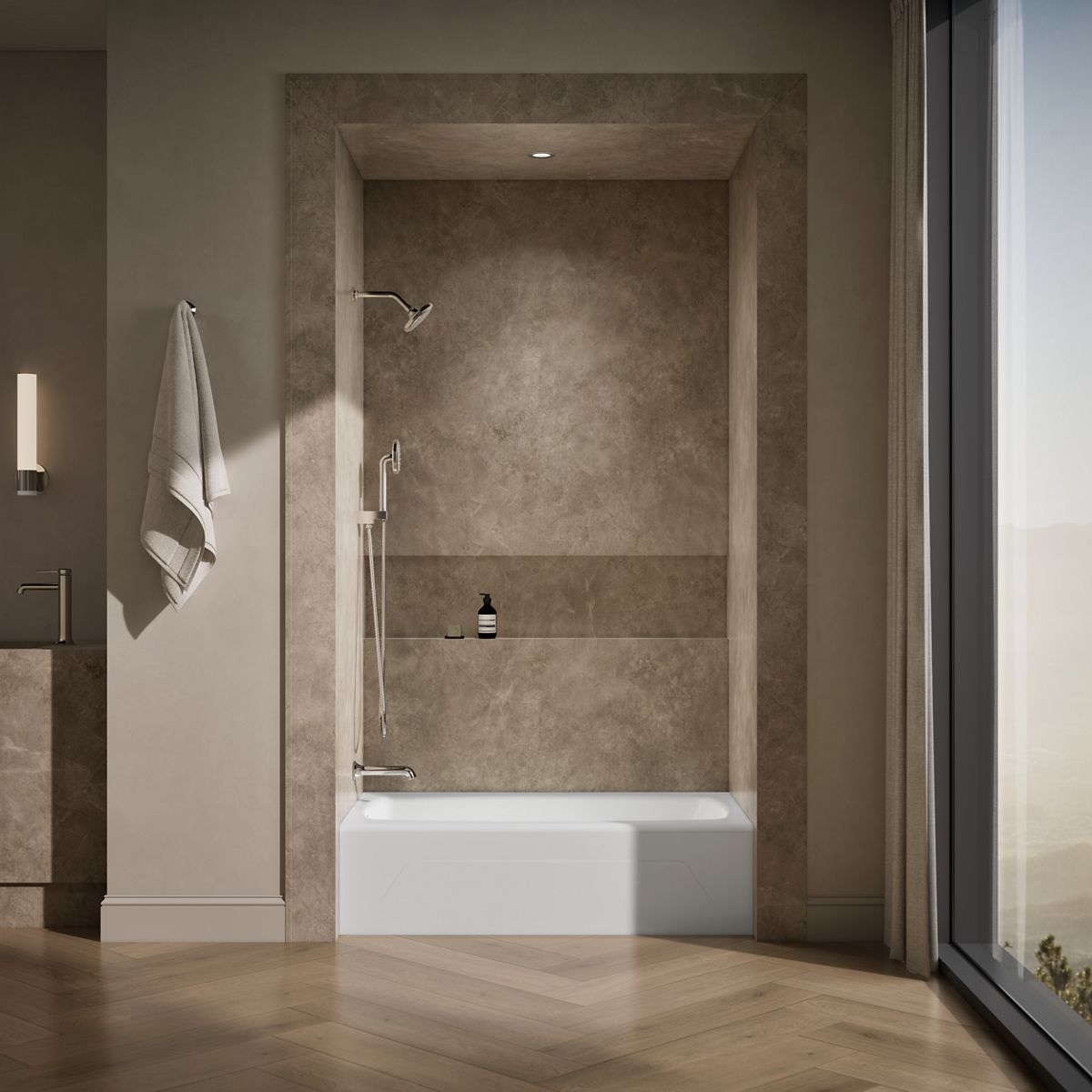 Up to 2 walls & multiple product categories visible, 1-point perspective
