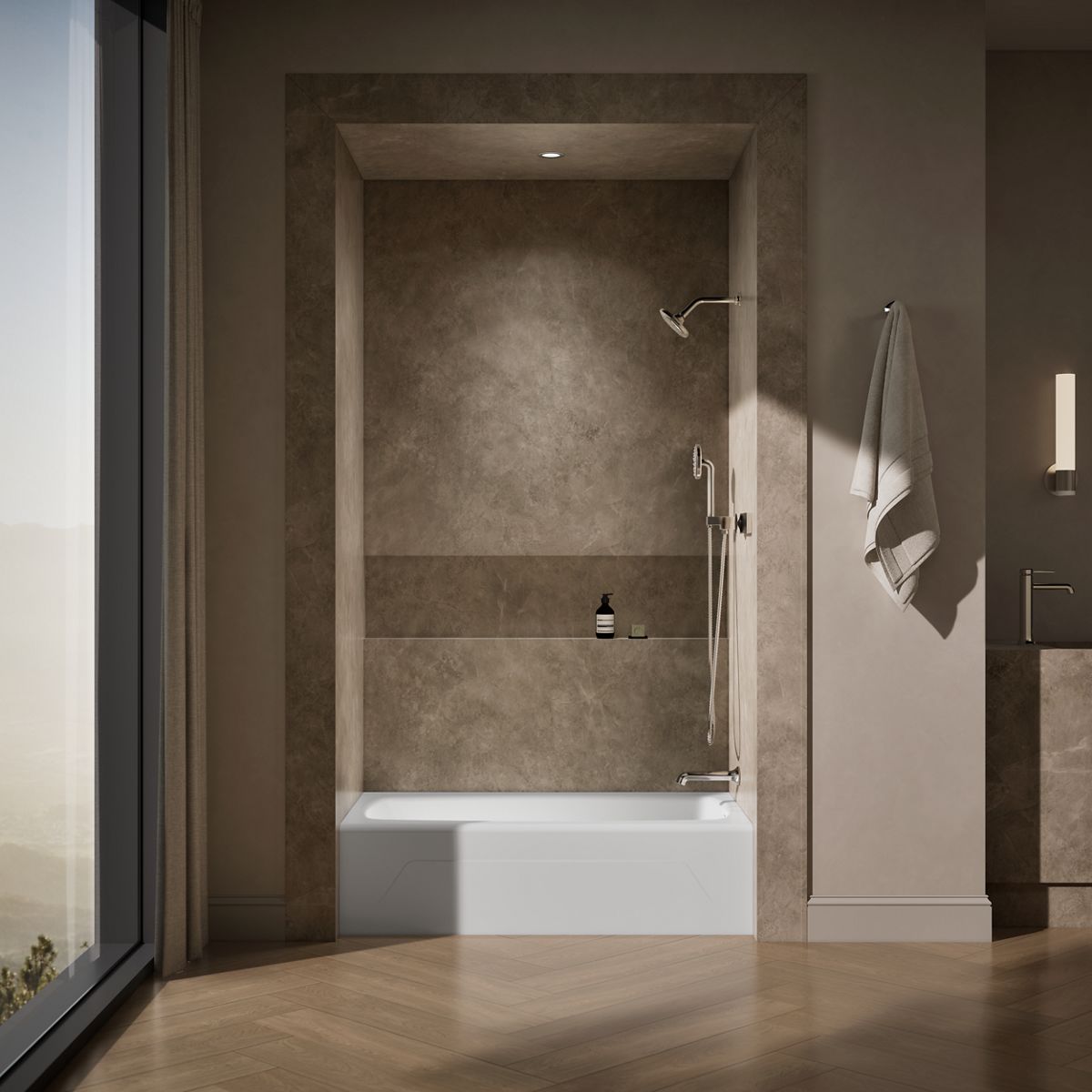 Up to 2 walls & multiple product categories visible, 1-point perspective