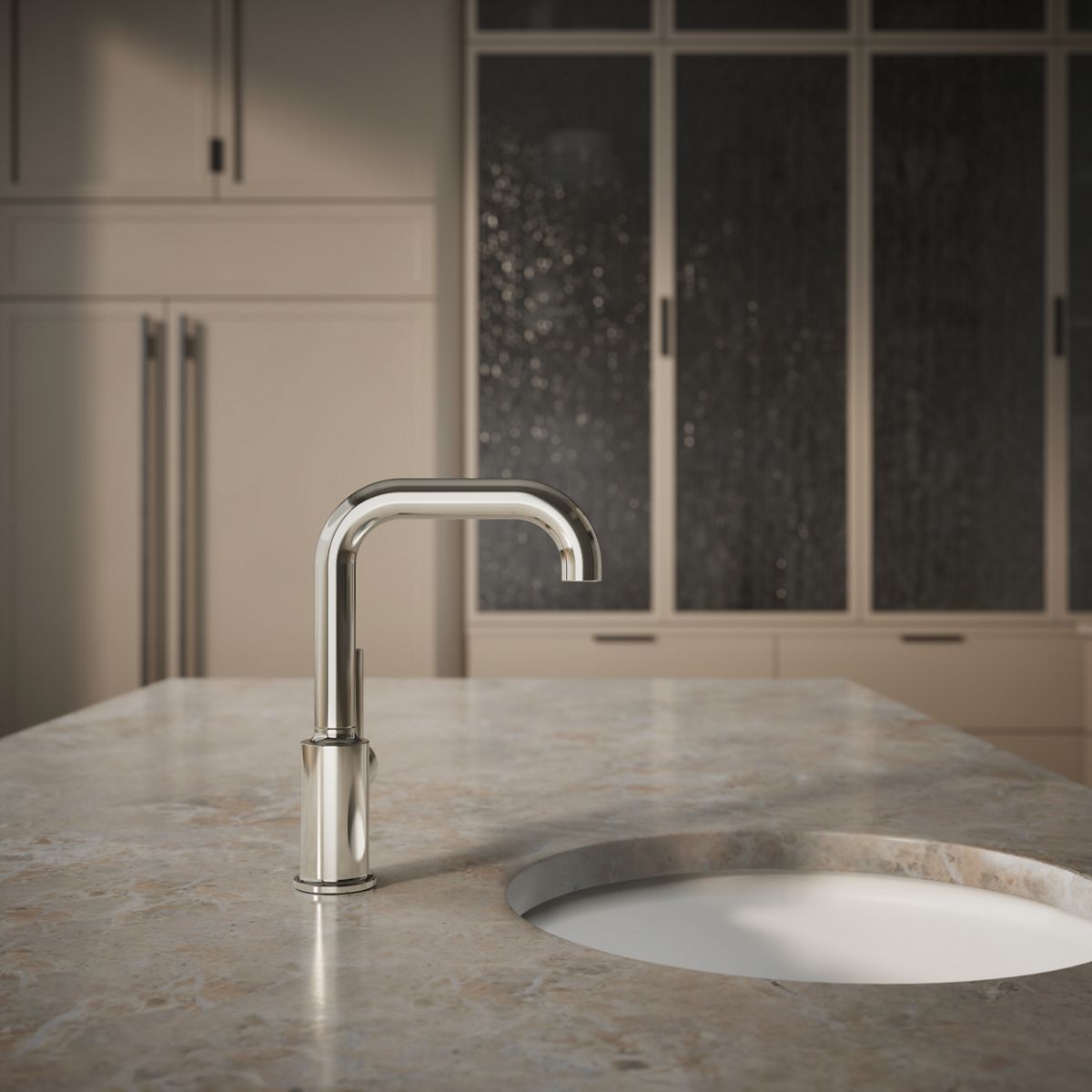 angled view, not straight-on, 1-point perspective