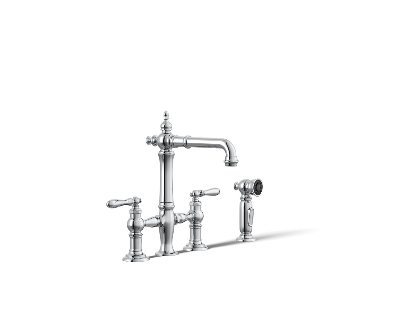 Artifacts Three-hole bridge bar sink faucet with side sprayer