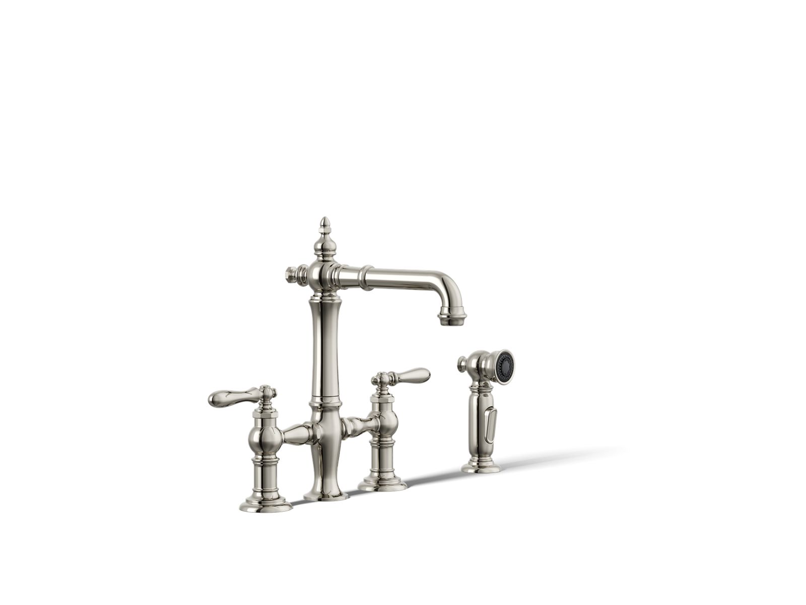 Artifacts Three-hole bridge bar sink faucet with side sprayer