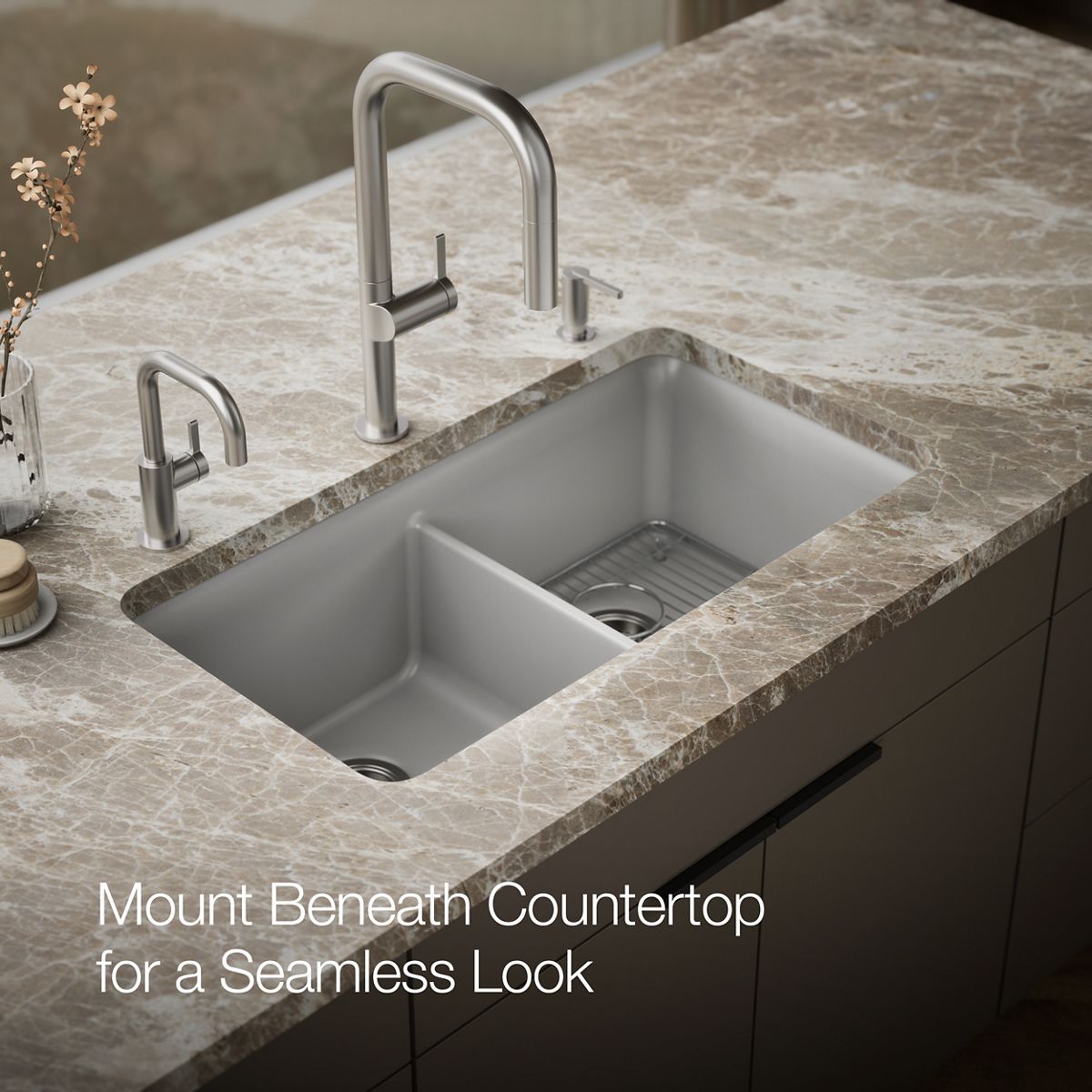 Cairn 33” Neoroc Undermount Double-Equal Kitchen Sink w/ Sink Rack