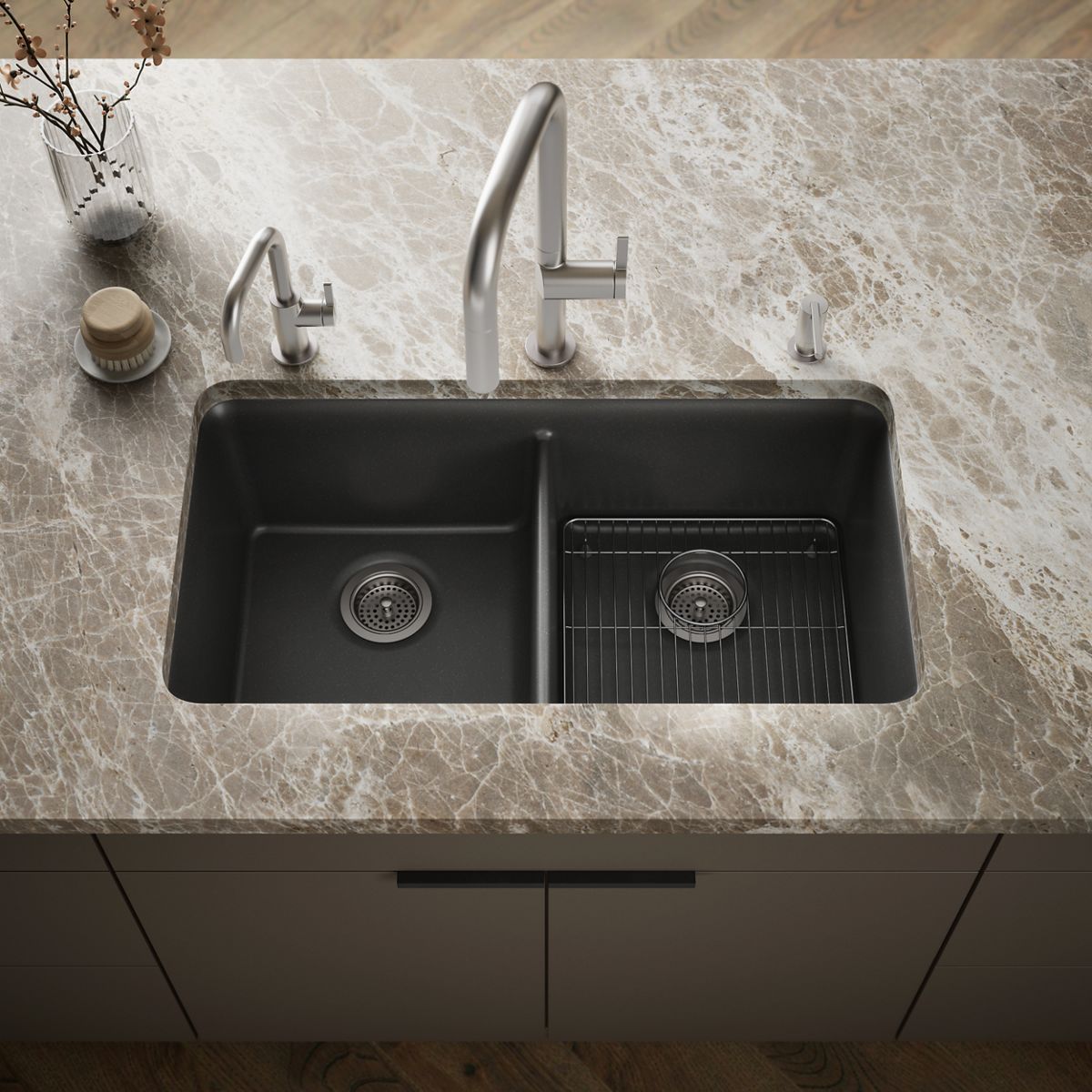 Cairn 33” Neoroc Undermount Double-Equal Kitchen Sink w/ Sink Rack