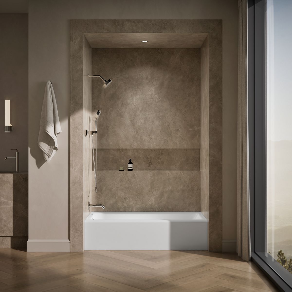 Up to 2 walls & multiple product categories visible, 1-point perspective