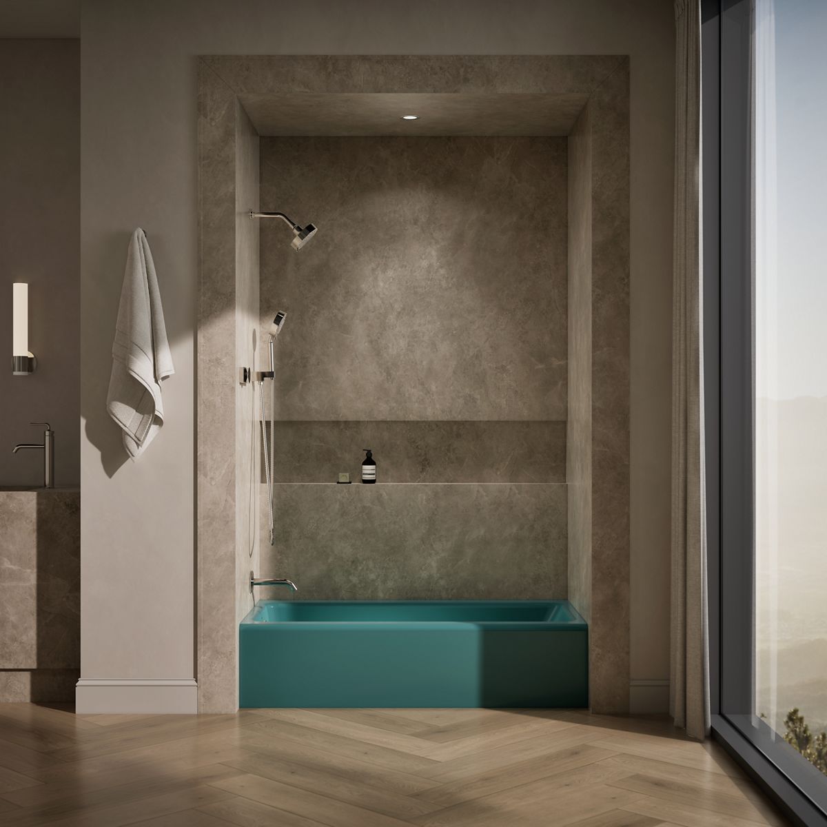 Up to 2 walls & multiple product categories visible, 1-point perspective