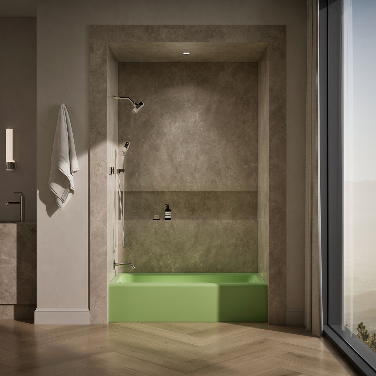 Up to 2 walls & multiple product categories visible, 1-point perspective