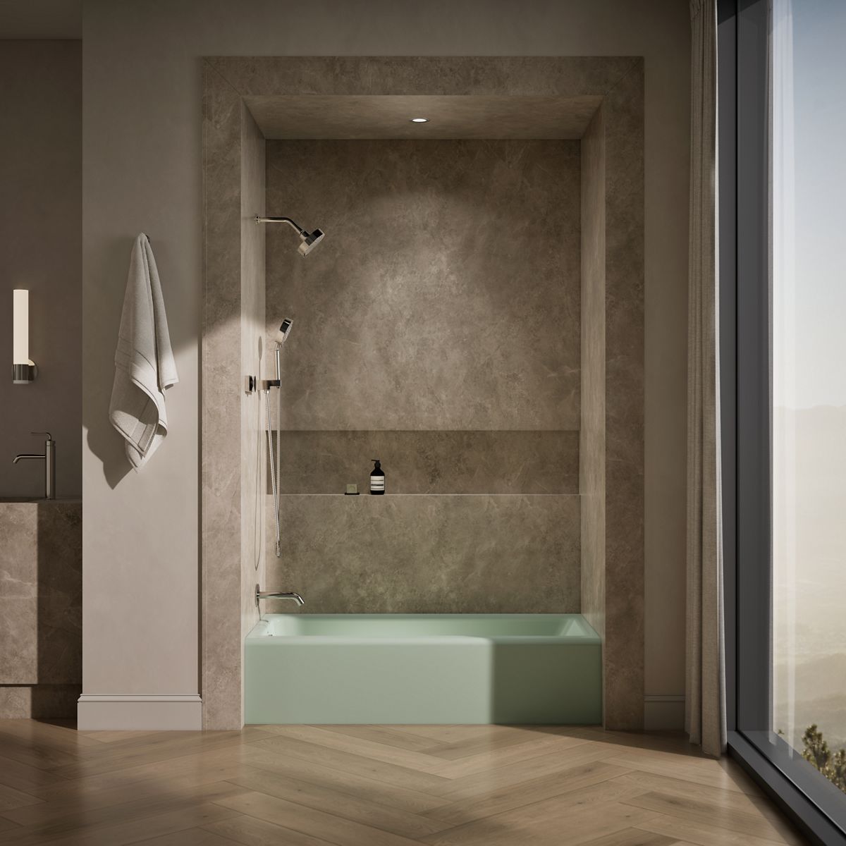 Up to 2 walls & multiple product categories visible, 1-point perspective