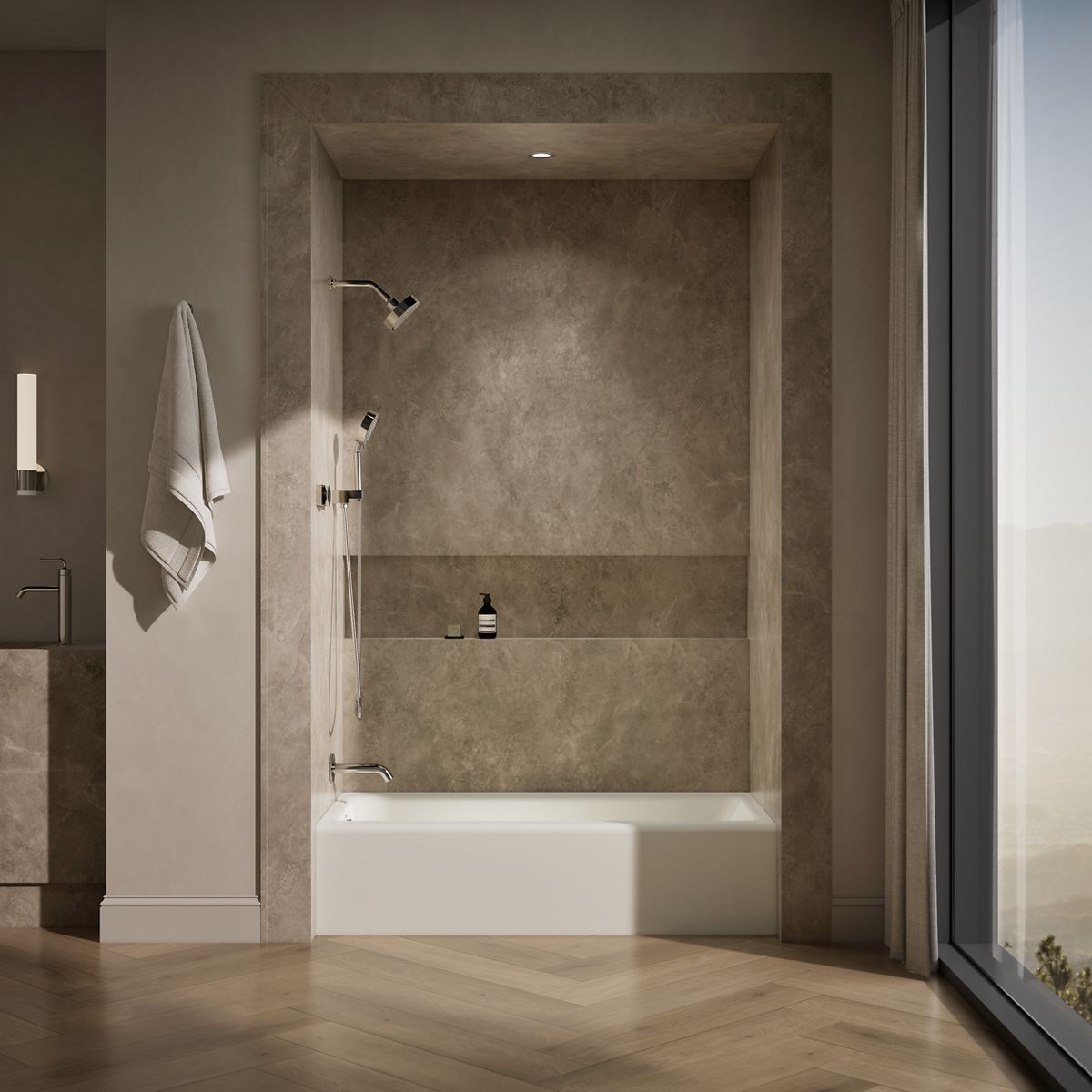 Up to 2 walls & multiple product categories visible, 1-point perspective