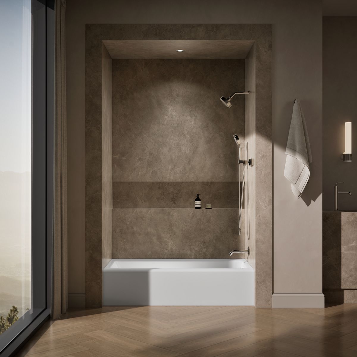 Up to 2 walls & multiple product categories visible, 1-point perspective