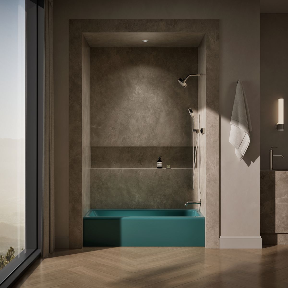 Up to 2 walls & multiple product categories visible, 1-point perspective