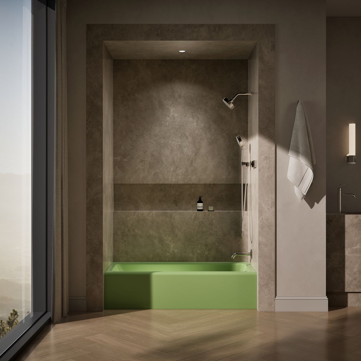 Up to 2 walls & multiple product categories visible, 1-point perspective