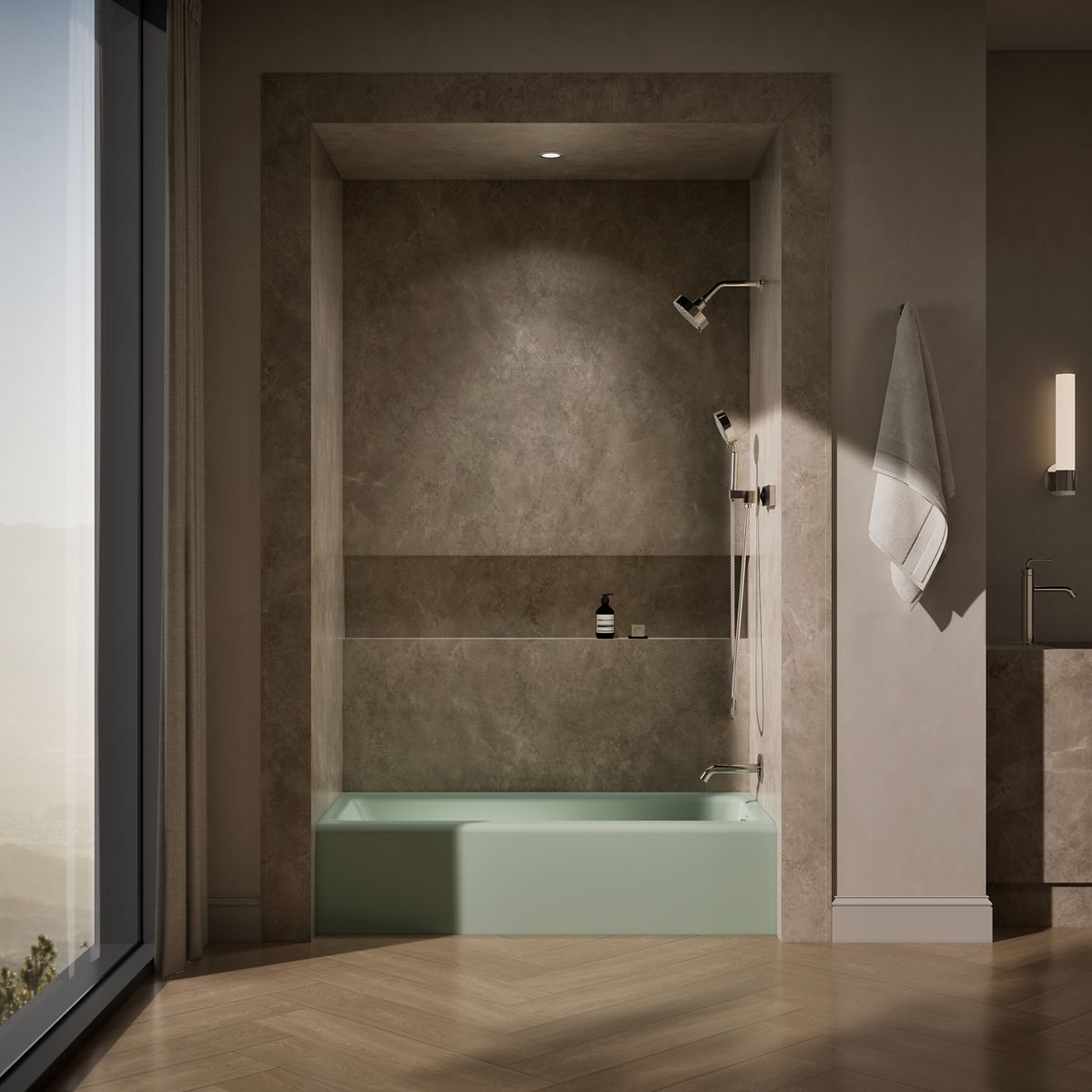Up to 2 walls & multiple product categories visible, 1-point perspective