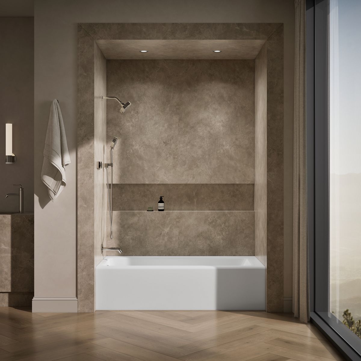 Up to 2 walls & multiple product categories visible, 1-point perspective
