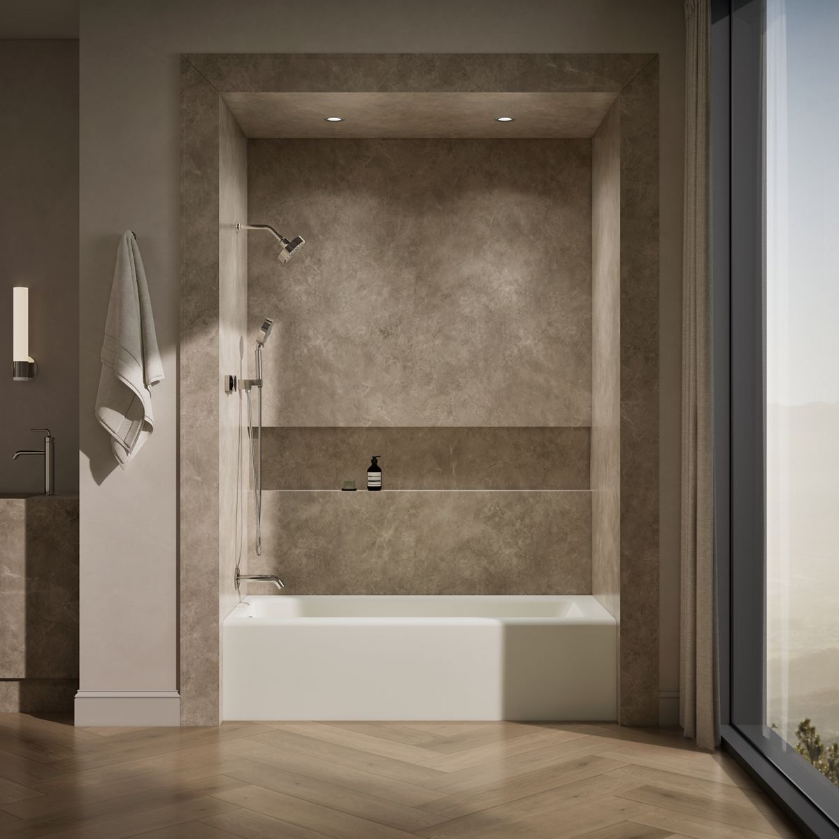 Up to 2 walls & multiple product categories visible, 1-point perspective