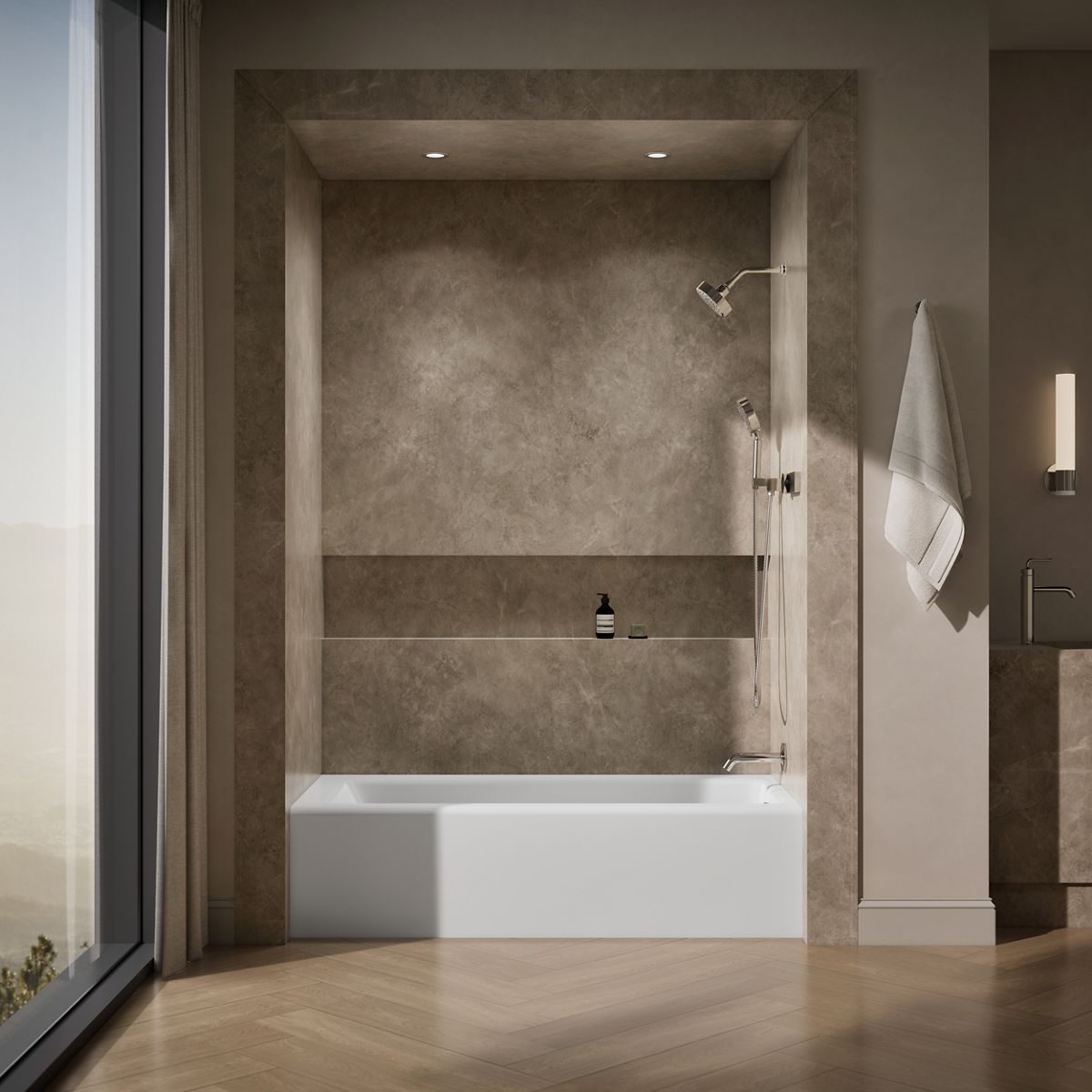 Up to 2 walls & multiple product categories visible, 1-point perspective