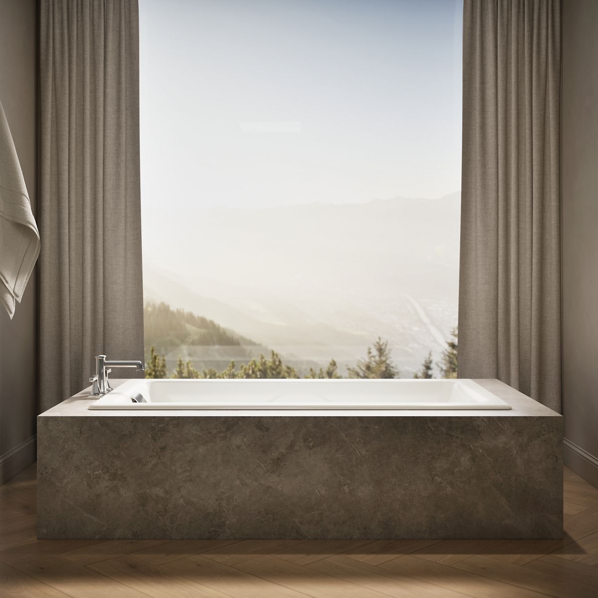 Up to 2 walls & multiple product categories visible, 1-point perspective