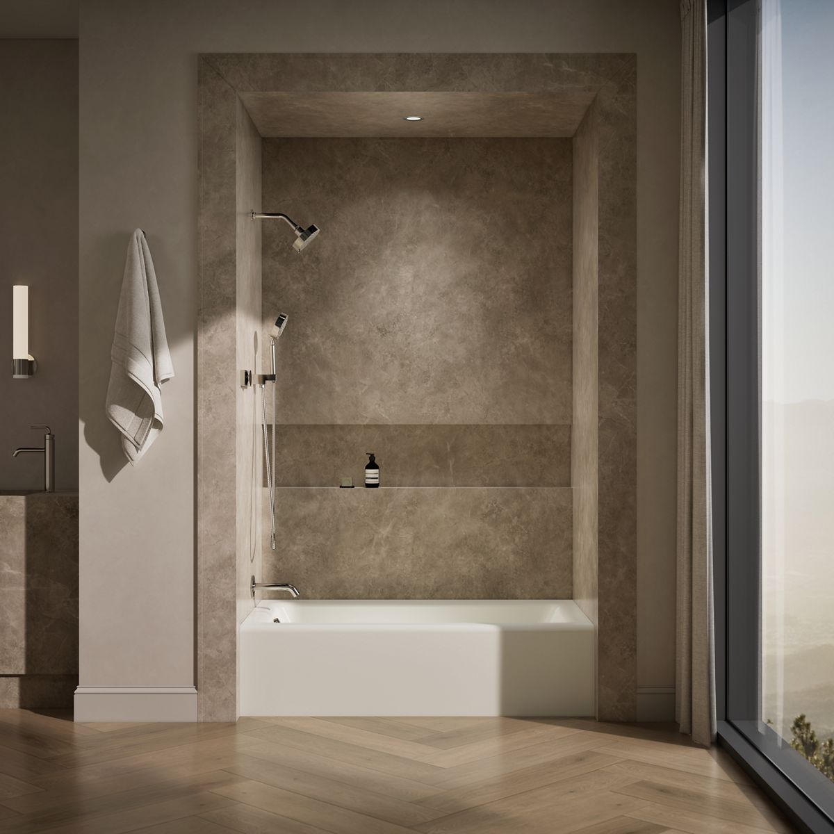 Up to 2 walls & multiple product categories visible, 1-point perspective