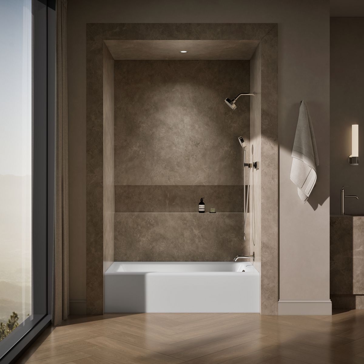 Up to 2 walls & multiple product categories visible, 1-point perspective