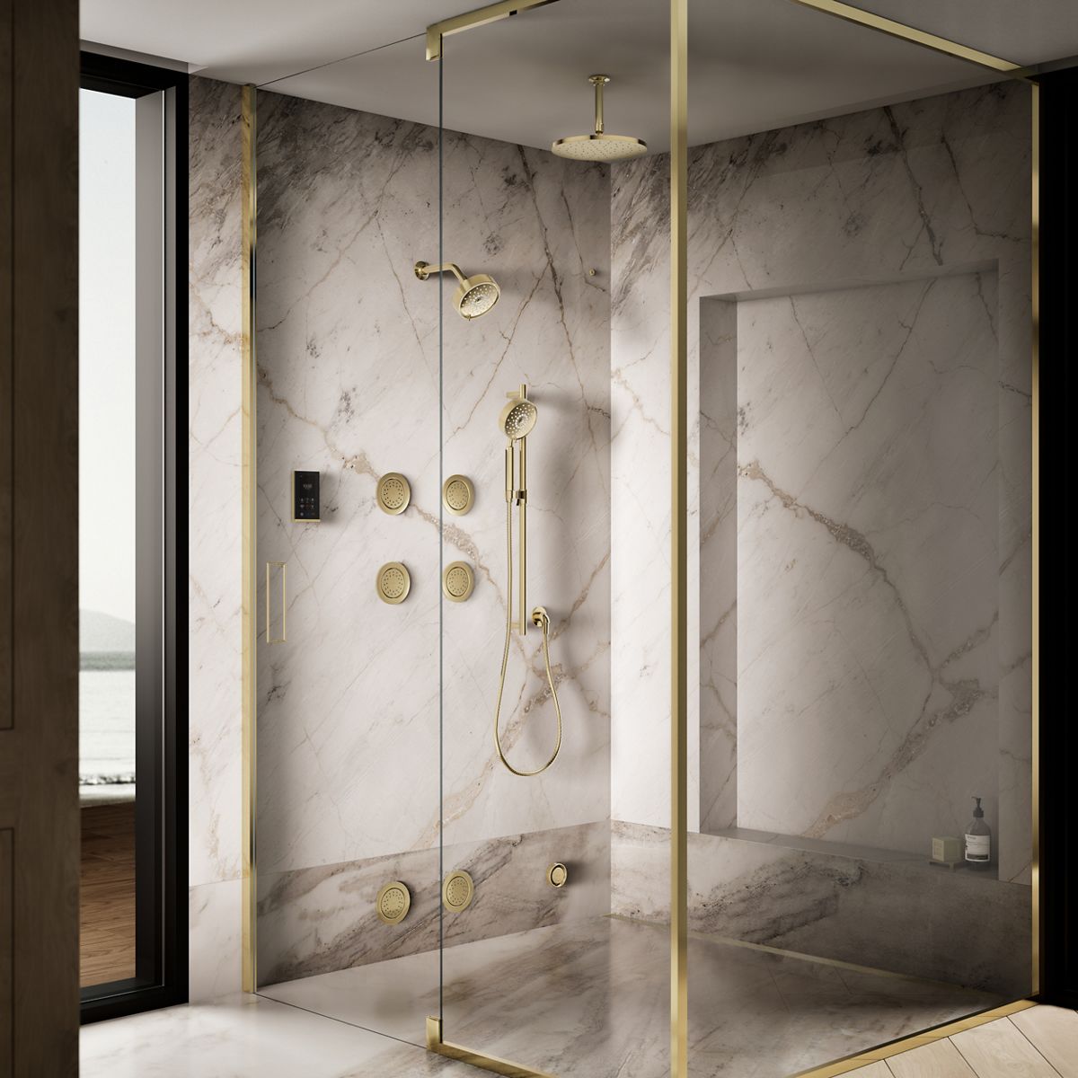 Up to 3 walls & multiple product categories visible, 2-point perspective