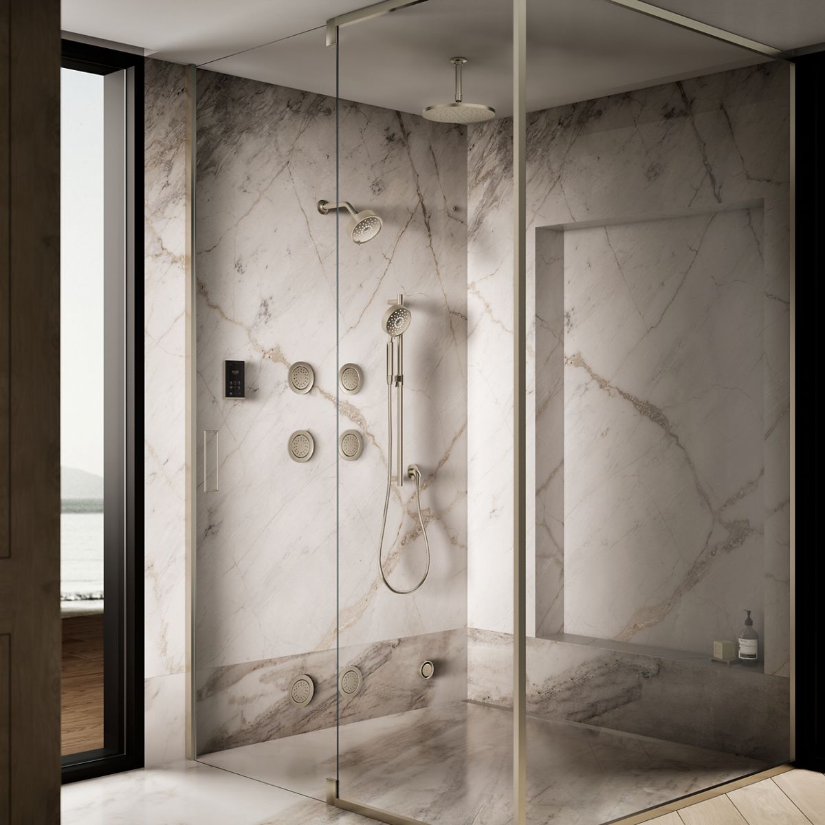 Up to 3 walls & multiple product categories visible, 2-point perspective