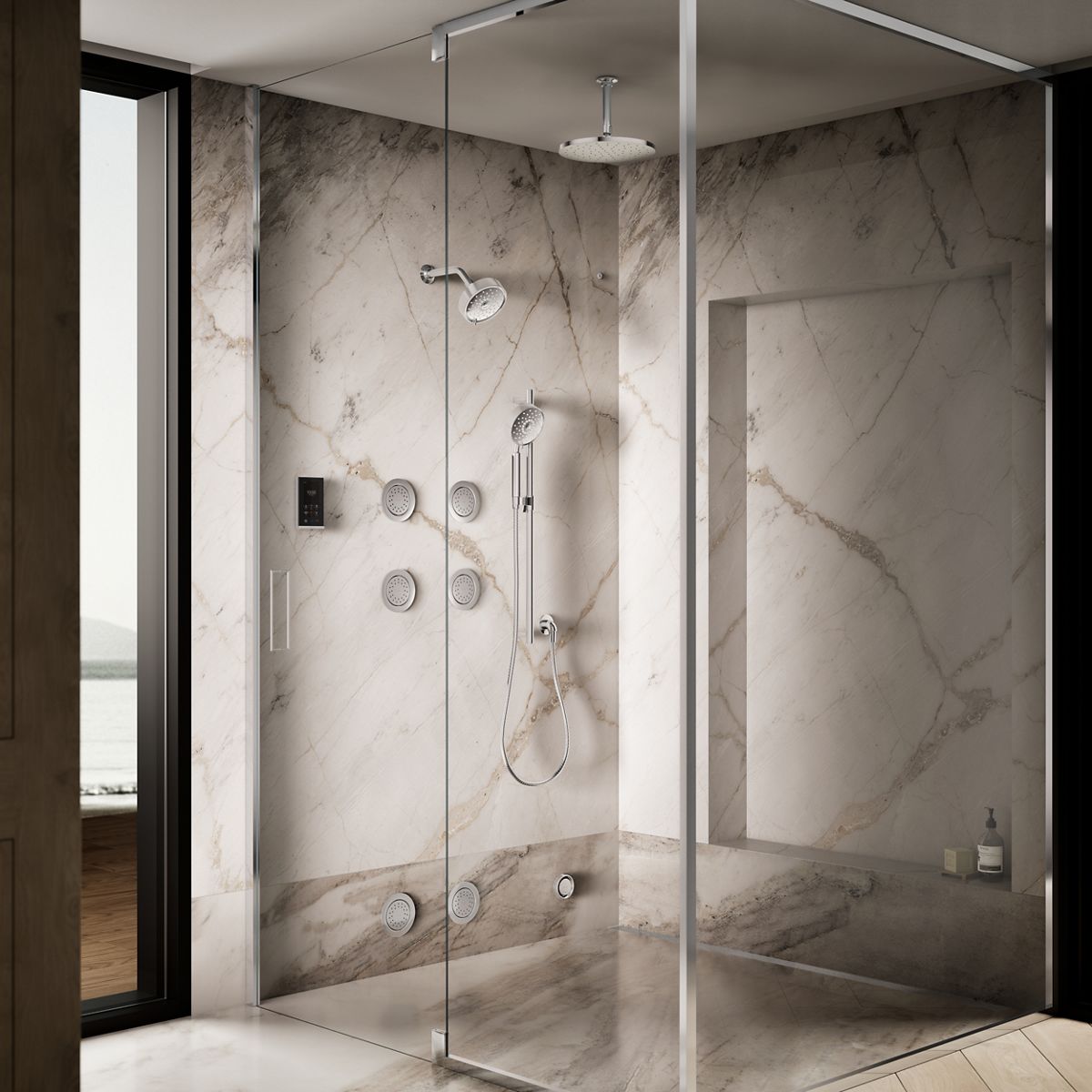 Up to 3 walls & multiple product categories visible, 2-point perspective