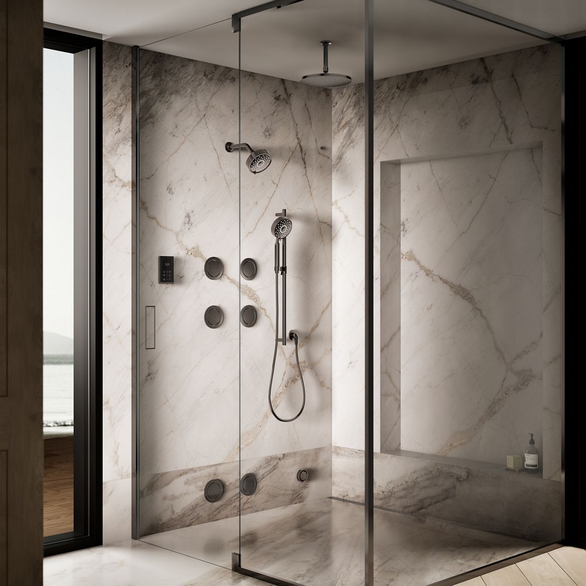 Up to 3 walls & multiple product categories visible, 2-point perspective
