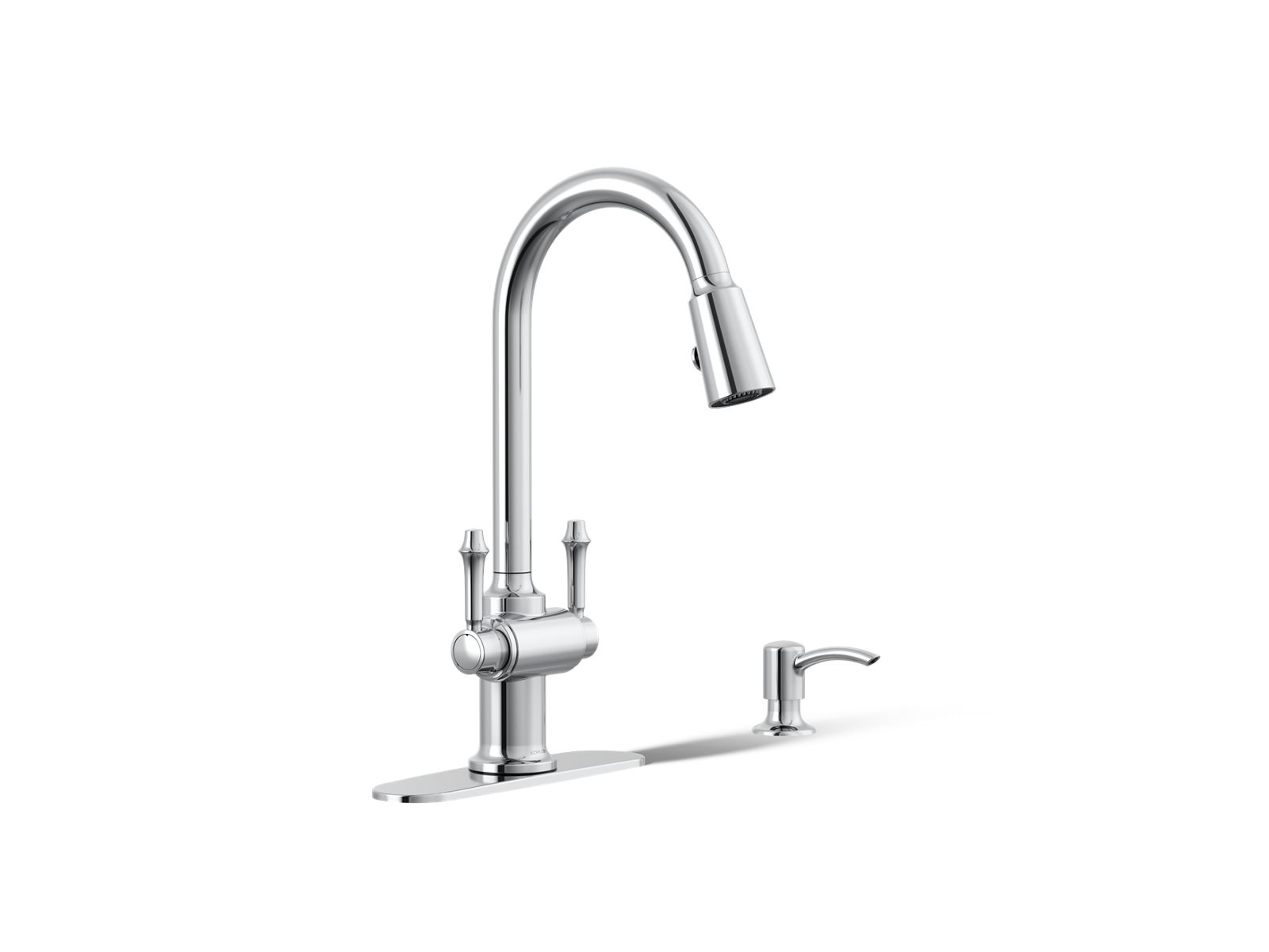 Thierry Two Handle Pull-Down Sprayer Kitchen Faucet with Soap Dispenser in Polished Chrome Thierry Two Handle Pull-Down Sprayer Kitchen Faucet with Soap Dispenser in Polished Chrome