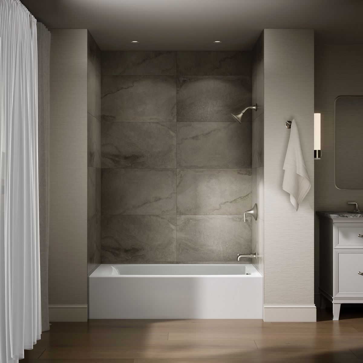 Up to 2 walls & multiple product categories visible, 1-point perspective