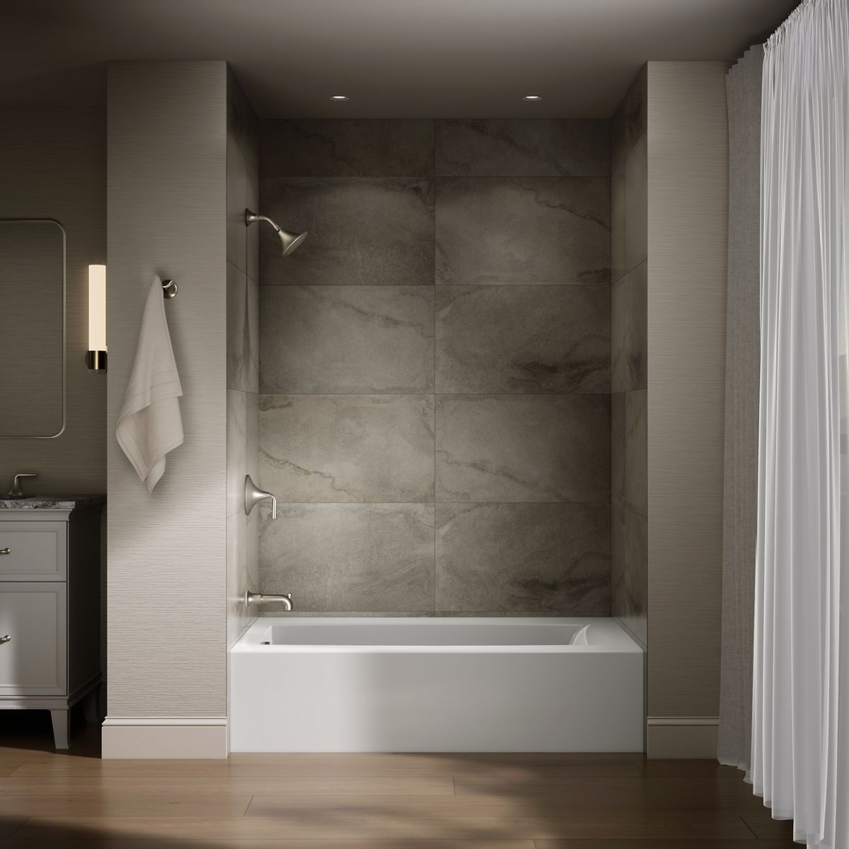 Up to 2 walls & multiple product categories visible, 1-point perspective