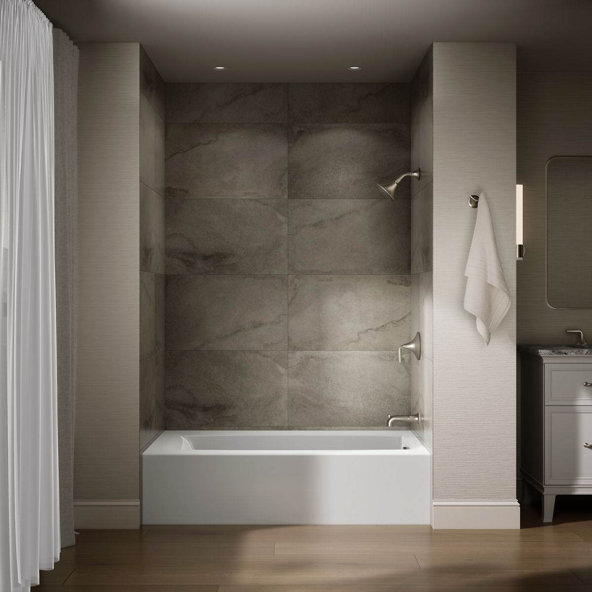Up to 2 walls & multiple product categories visible, 1-point perspective