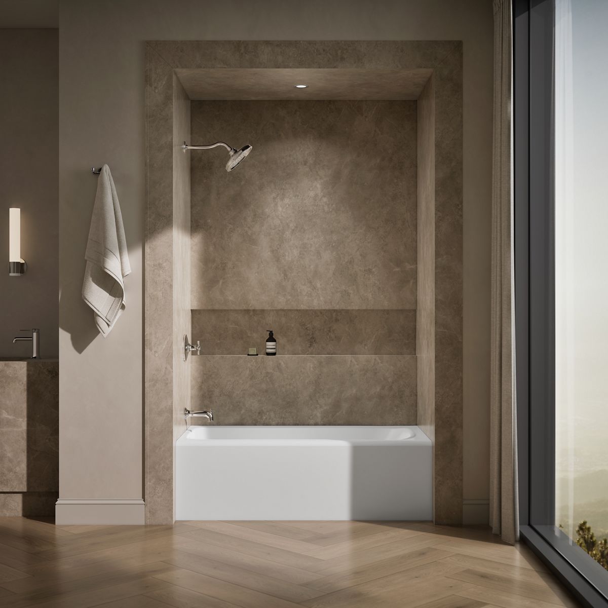 Up to 2 walls & multiple product categories visible, 1-point perspective