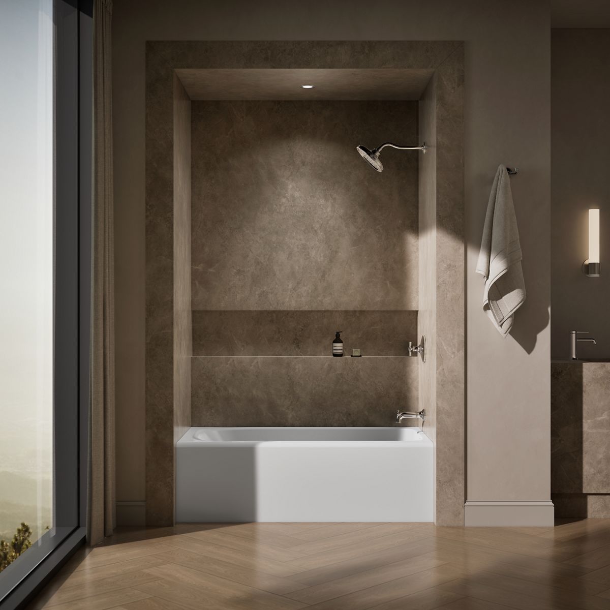 Up to 2 walls & multiple product categories visible, 1-point perspective
