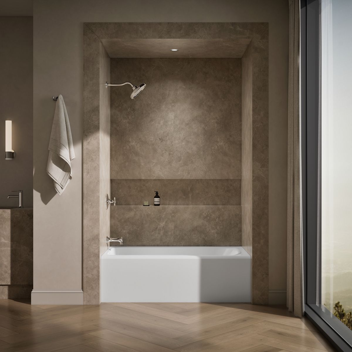 Up to 2 walls & multiple product categories visible, 1-point perspective