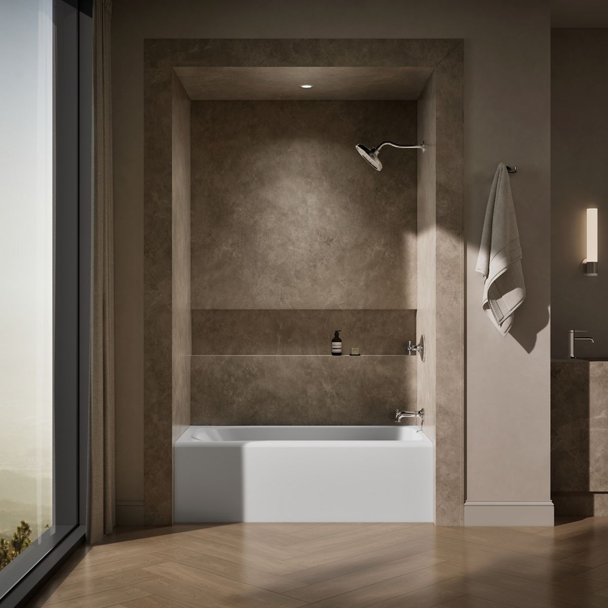 Up to 2 walls & multiple product categories visible, 1-point perspective
