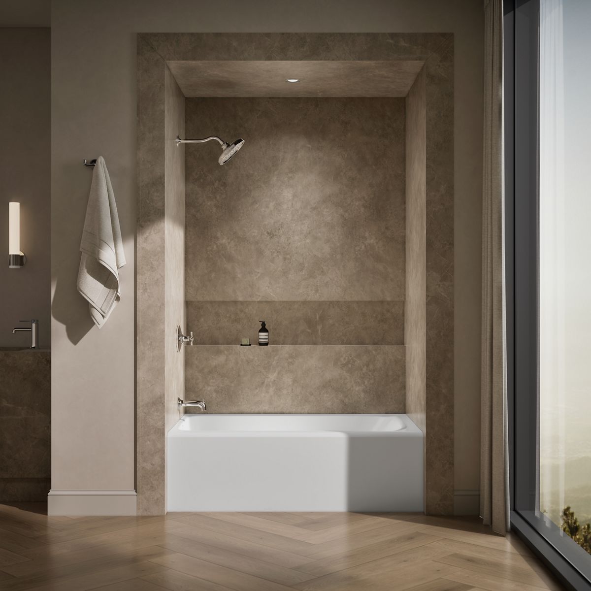 Up to 2 walls & multiple product categories visible, 1-point perspective