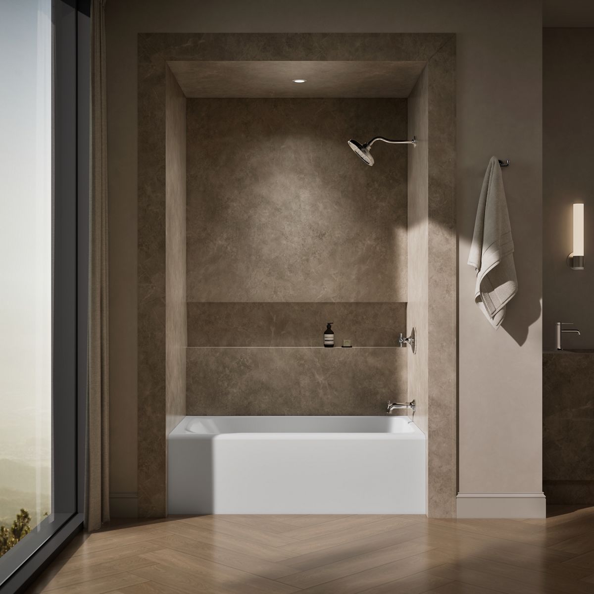 Up to 2 walls & multiple product categories visible, 1-point perspective