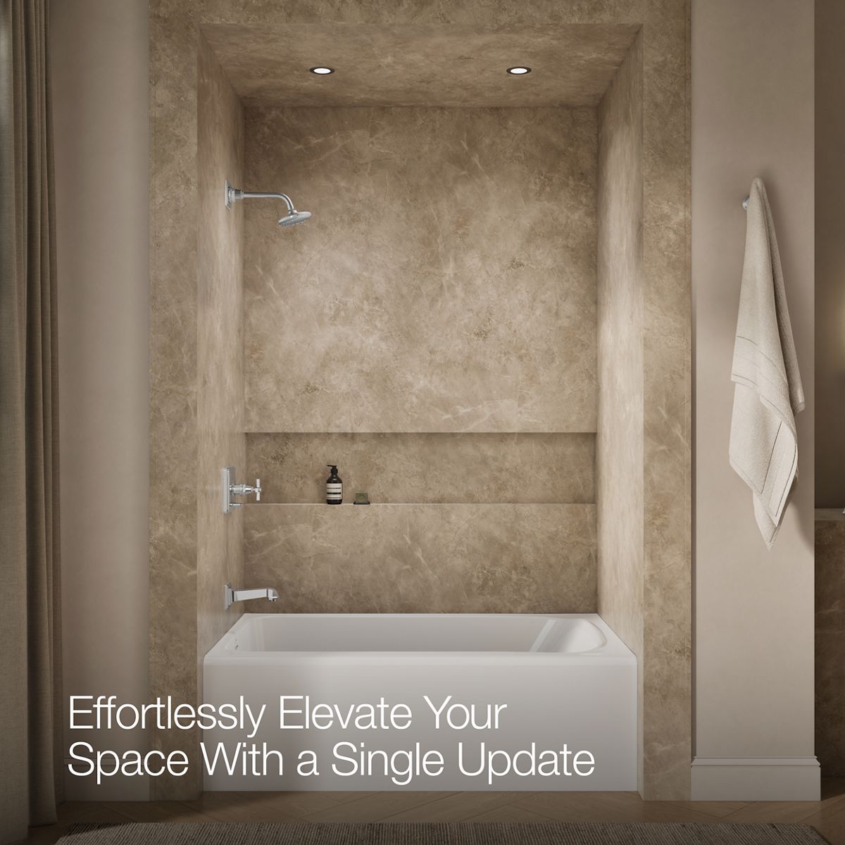 Up to 2 walls & multiple product categories visible, 1-point perspective