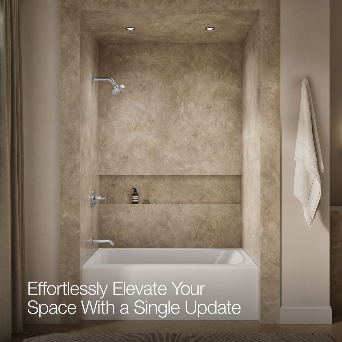 Up to 2 walls & multiple product categories visible, 1-point perspective