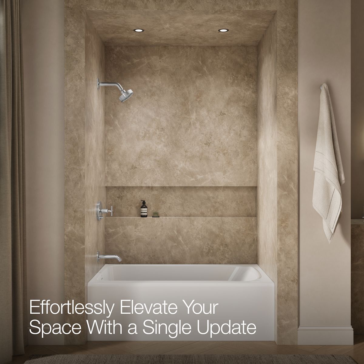 Up to 2 walls & multiple product categories visible, 1-point perspective