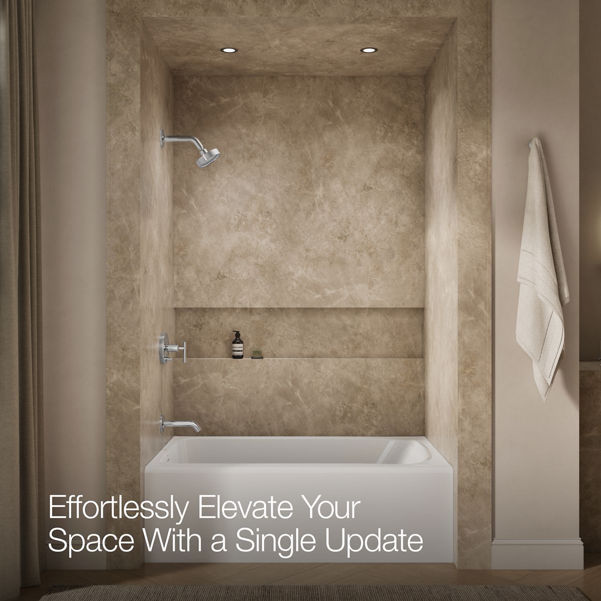 Up to 2 walls & multiple product categories visible, 1-point perspective