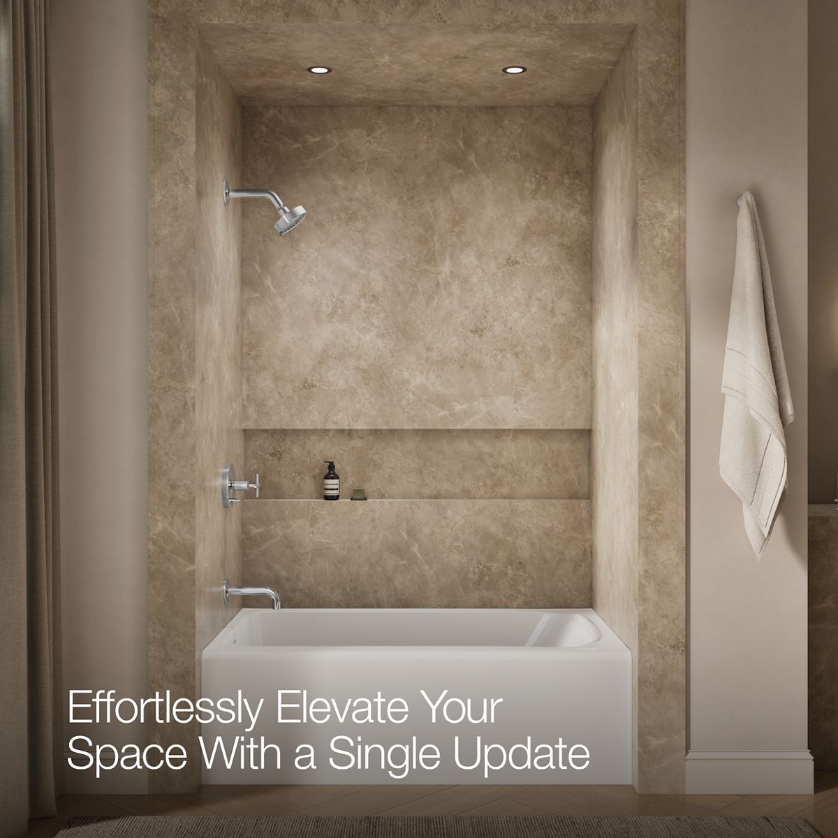 Up to 2 walls & multiple product categories visible, 1-point perspective