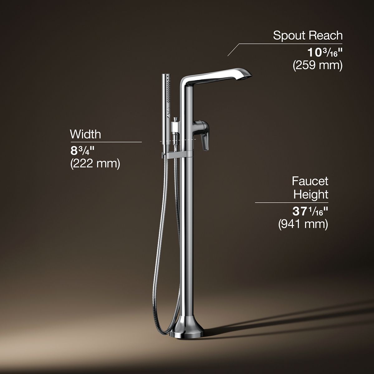 3/4 view of product with dimensions