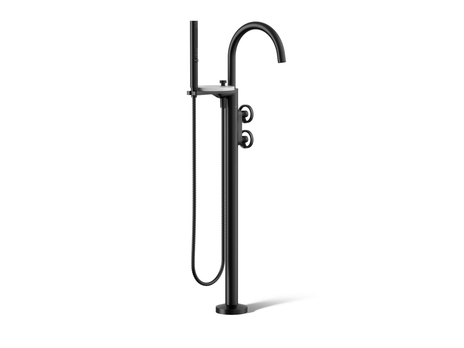 Components Floor-mount bath filler trim with industrial handles and handshower