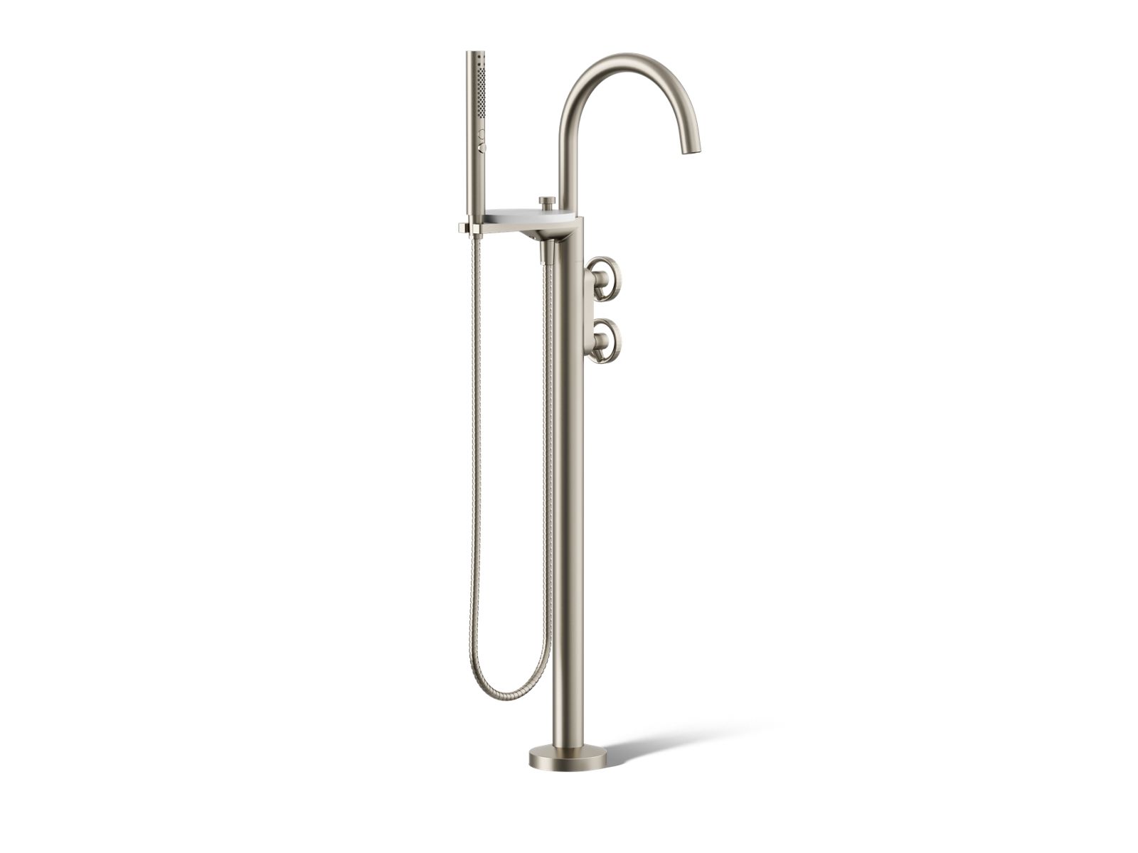 Components Floor-mount bath filler trim with industrial handles and handshower