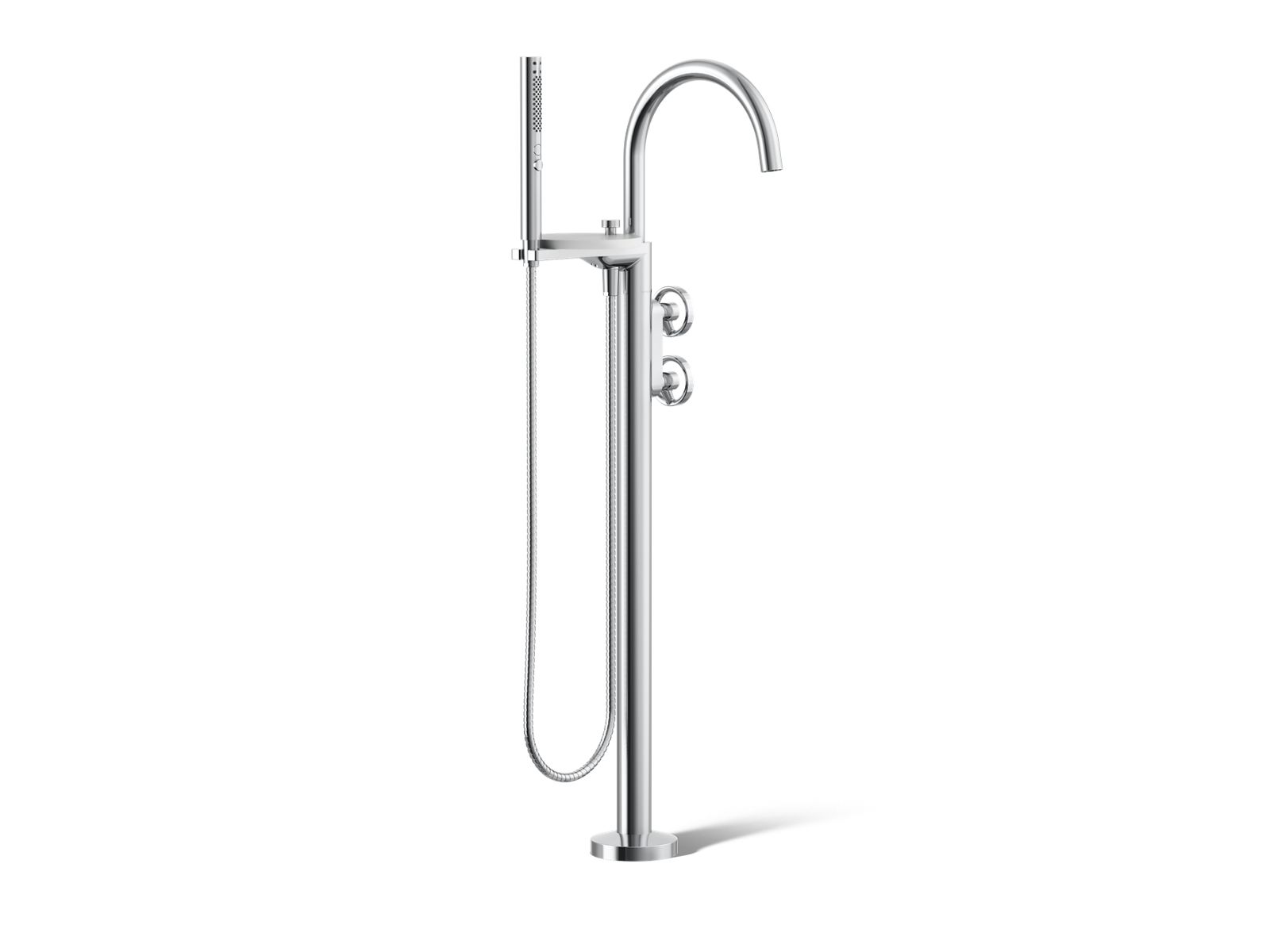 Components Floor-mount bath filler trim with industrial handles and handshower