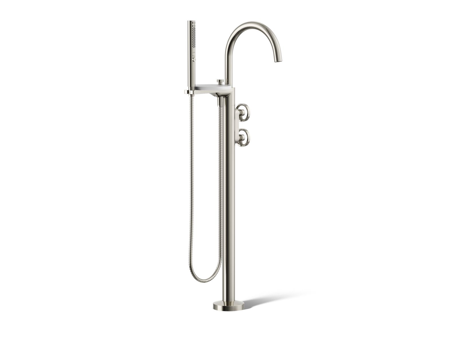 Components Floor-mount bath filler trim with industrial handles and handshower