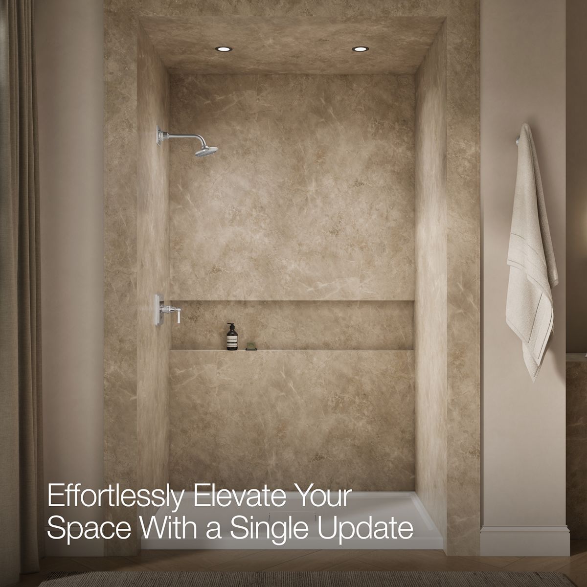 Up to 2 walls & multiple product categories visible, 1-point perspective