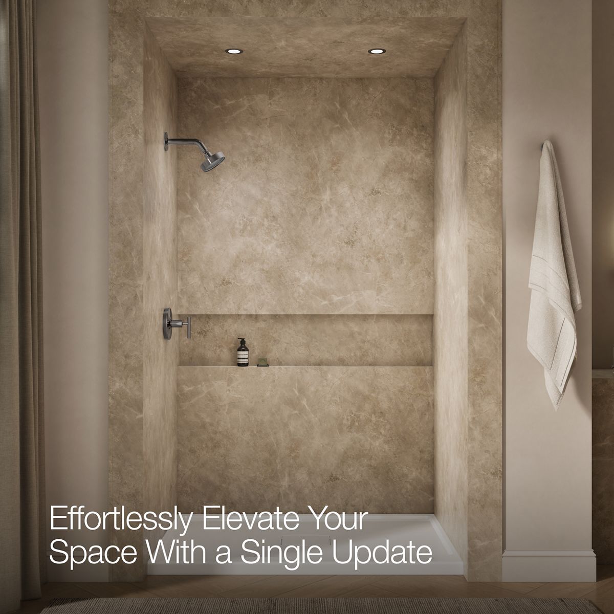 Up to 2 walls & multiple product categories visible, 1-point perspective