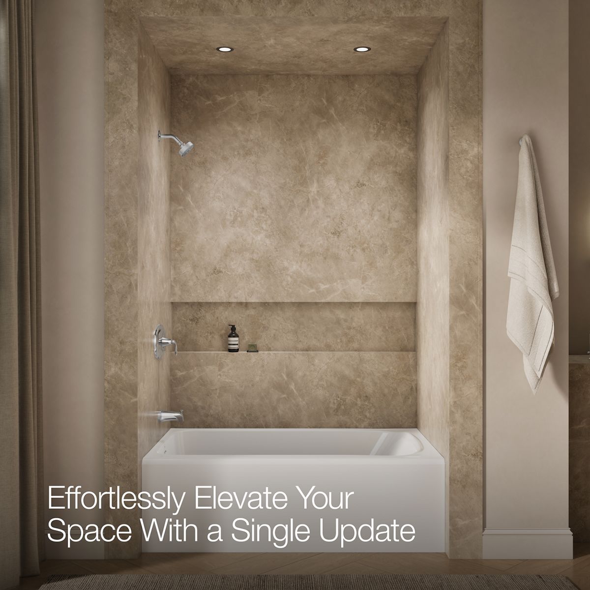 Up to 2 walls & multiple product categories visible, 1-point perspective
