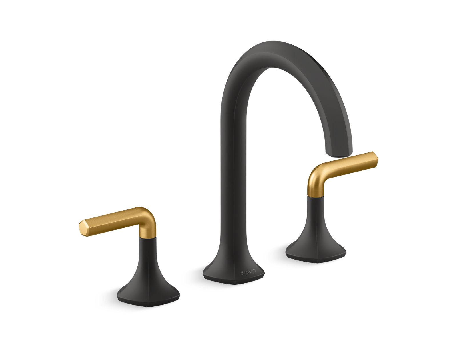 Occasion® bathroom sink faucet spout and lever handles in matte black and vibrant brushed moderne brass